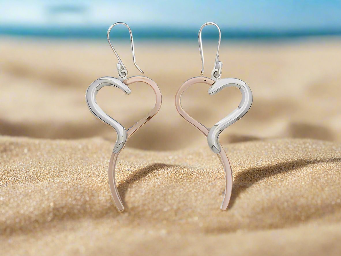 Sterling Silver & Copper Tie Heart Earrings – Two-Tone Elegance