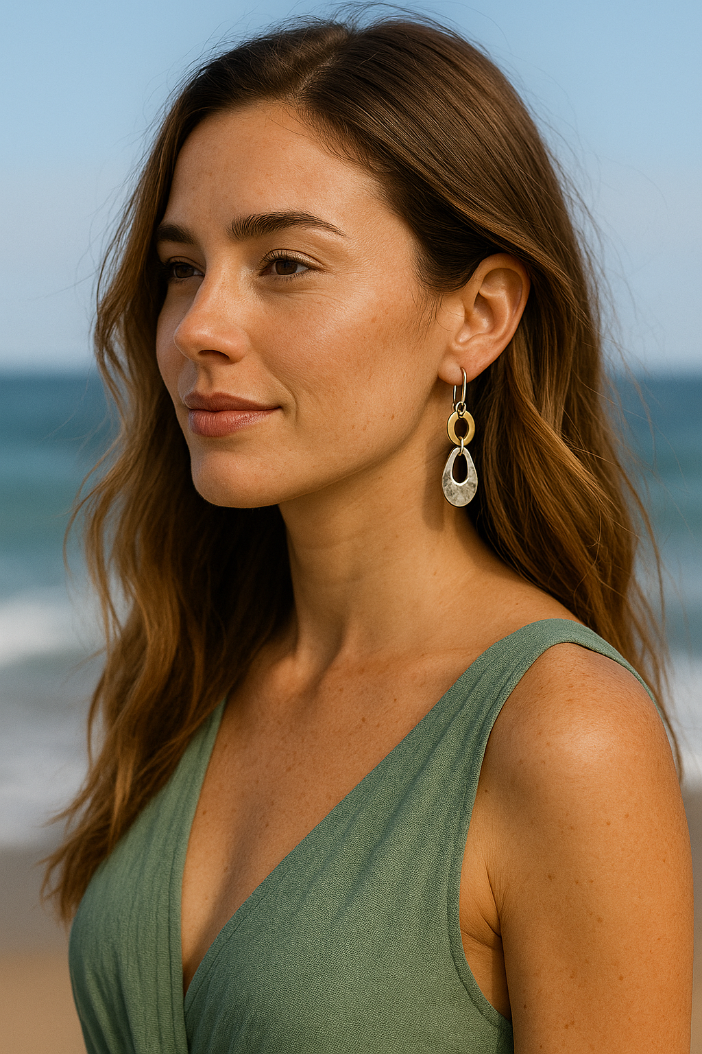 Sterling Silver Shine/Hammered Unequal Figure Earrings with Ring – Two-Tone