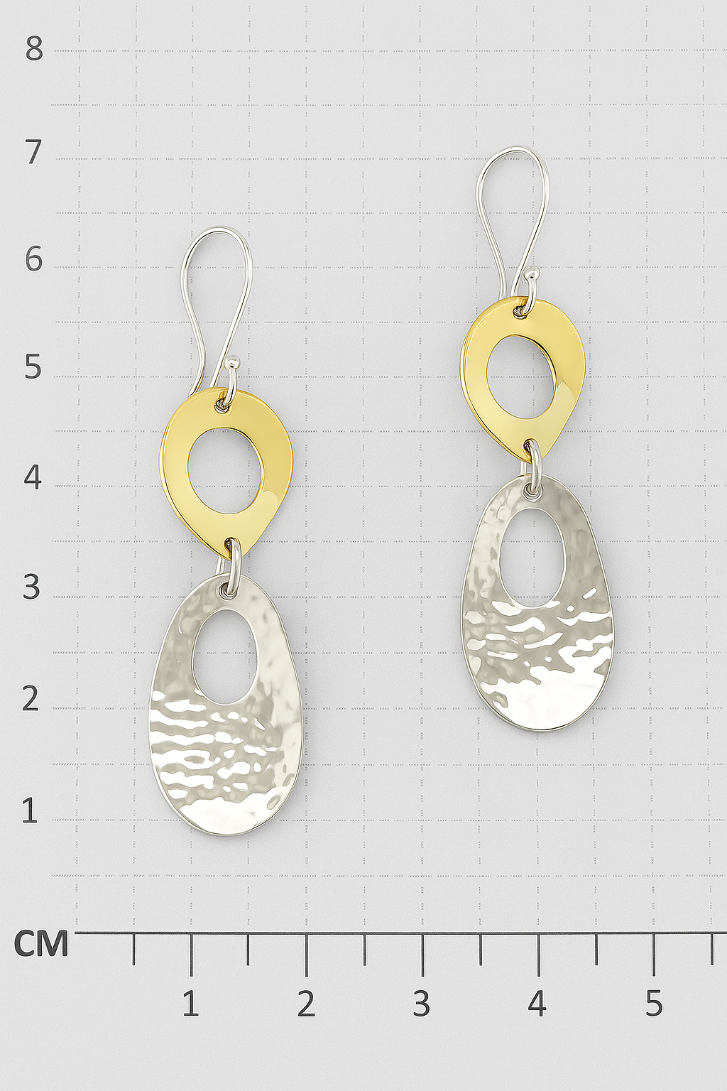 Sterling Silver Shine/Hammered Unequal Figure Earrings with Ring – Two-Tone