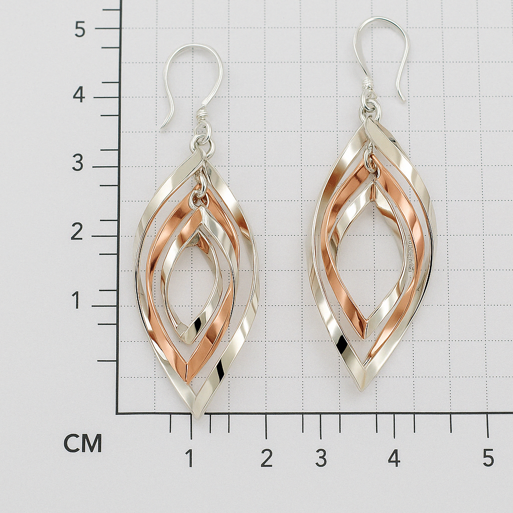 Sterling Silver Triple Movable Almond Earrings with Copper - Two-Tone Design