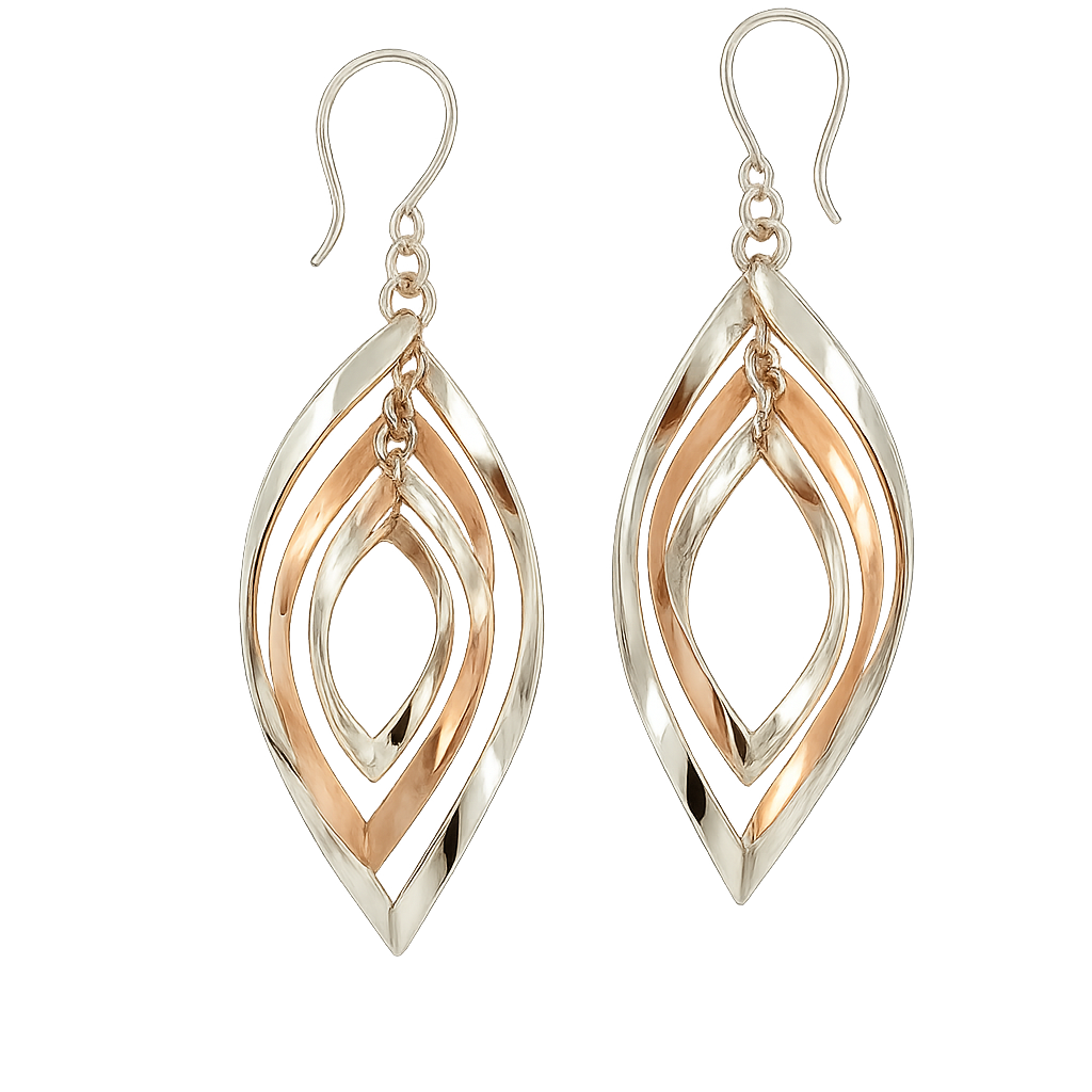 Sterling Silver Triple Movable Almond Earrings with Copper - Two-Tone Design