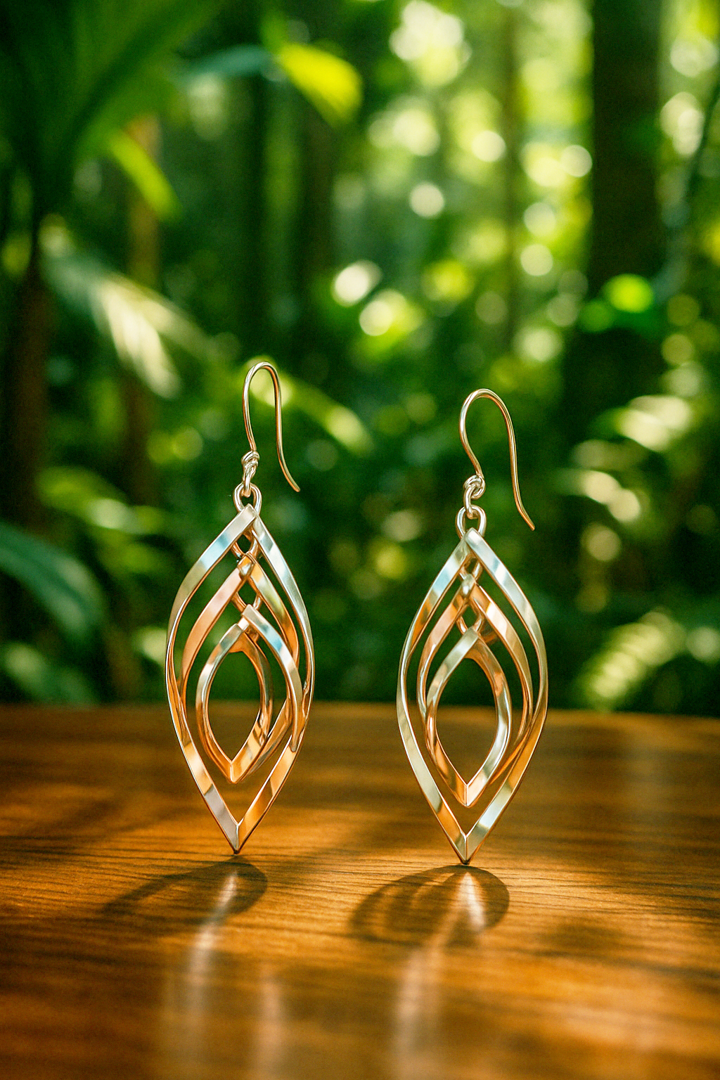 Sterling Silver Triple Movable Almond Earrings with Copper - Two-Tone Design