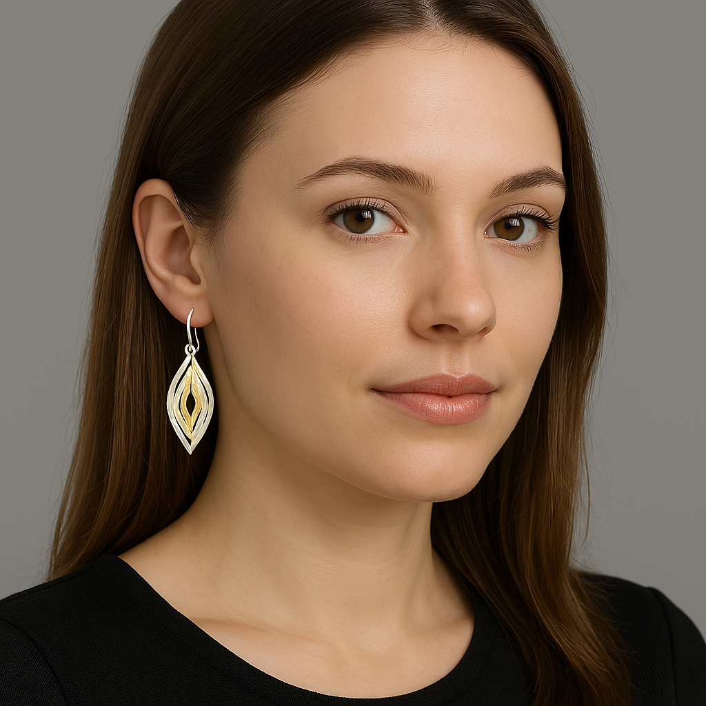 Sterling Silver Triple Movable Almond Earrings with Tumbaga - Two-Tone Design
