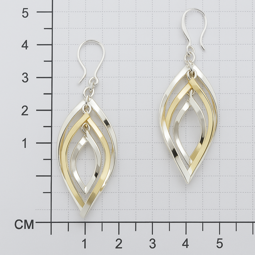 Sterling Silver Triple Movable Almond Earrings with Tumbaga - Two-Tone Design