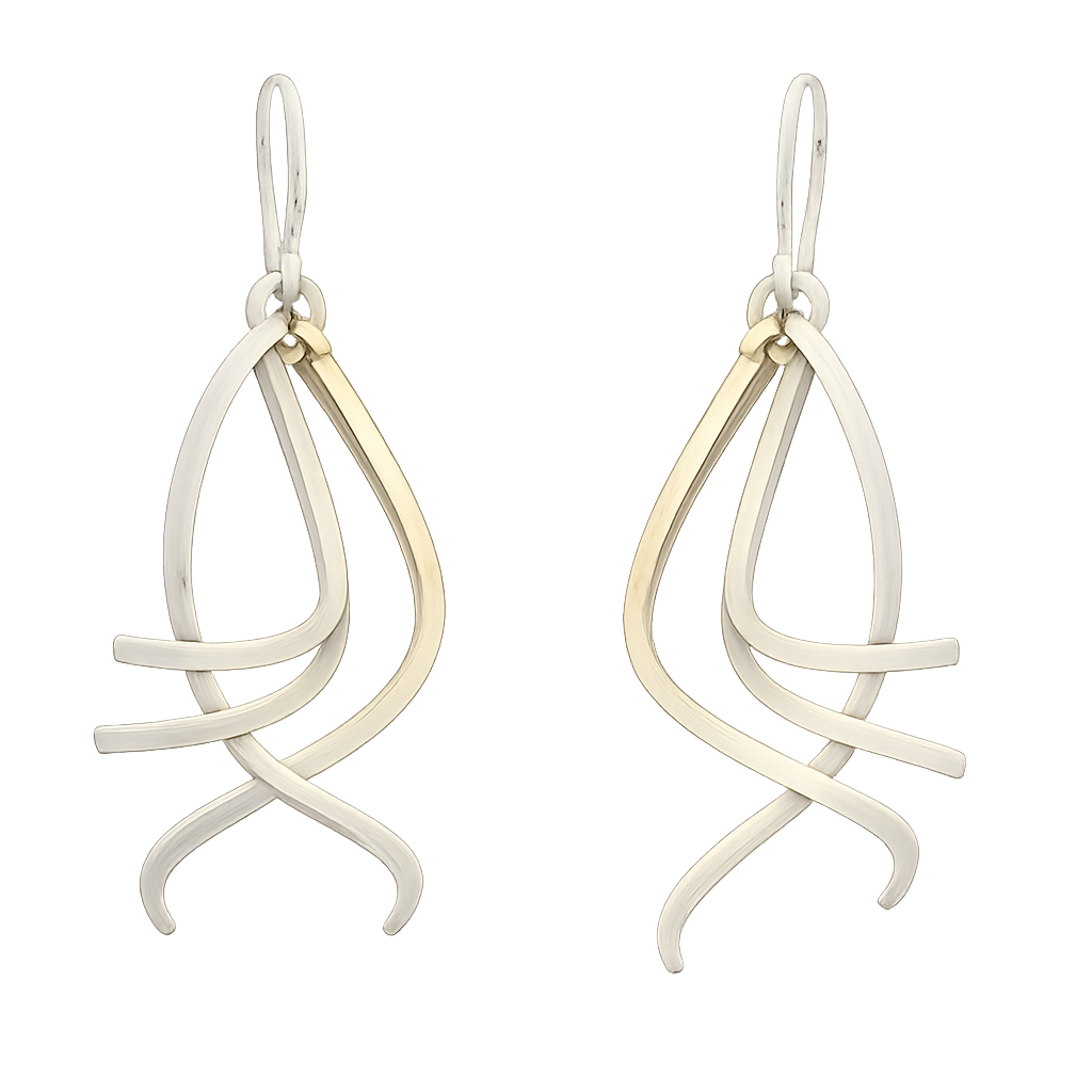 Sterling Silver Earrings with Four Movable Bent Sticks and Tumbaga