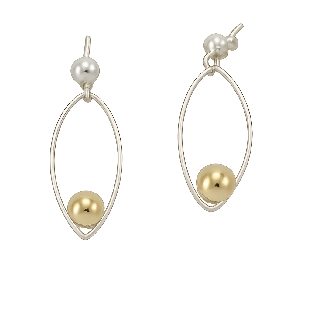 Sterling Silver Leaf Silhouette Earrings with Movable Ball Tumbaga – Two-Tone Elegance