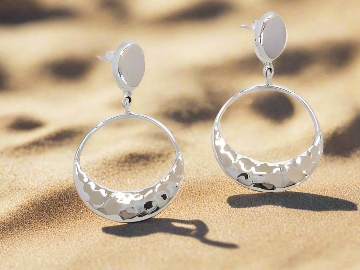 Sterling Silver Hammered Cross Moon Earrings with Movable Ovalo