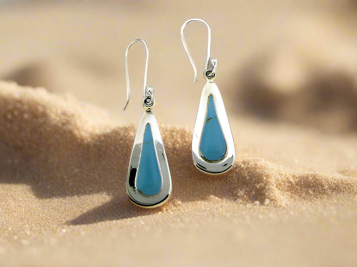 Sterling Silver Turquoise Stone Drop Earrings with Ring