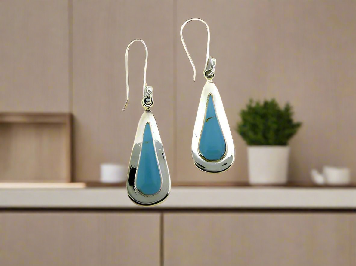 Sterling Silver Turquoise Stone Drop Earrings with Ring