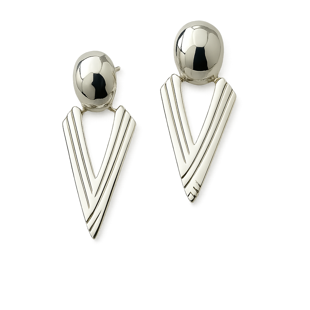 Sterling Silver Triangle Earrings with Openwork and Hammered Oval