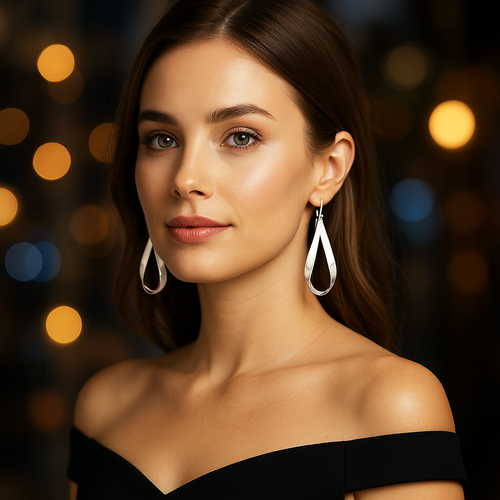 Sterling Silver Large Glossy Silhouette Drop Earrings with Ring