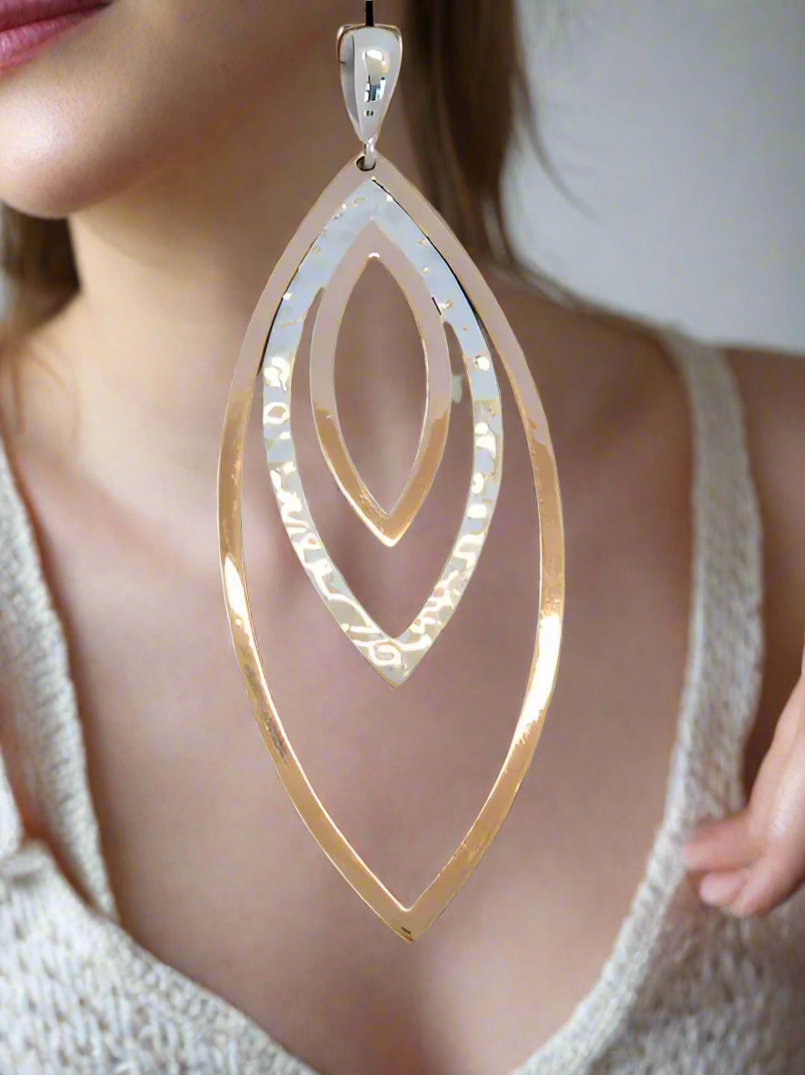 Sterling Silver Triple Almond Slope Earrings with Copper Accents