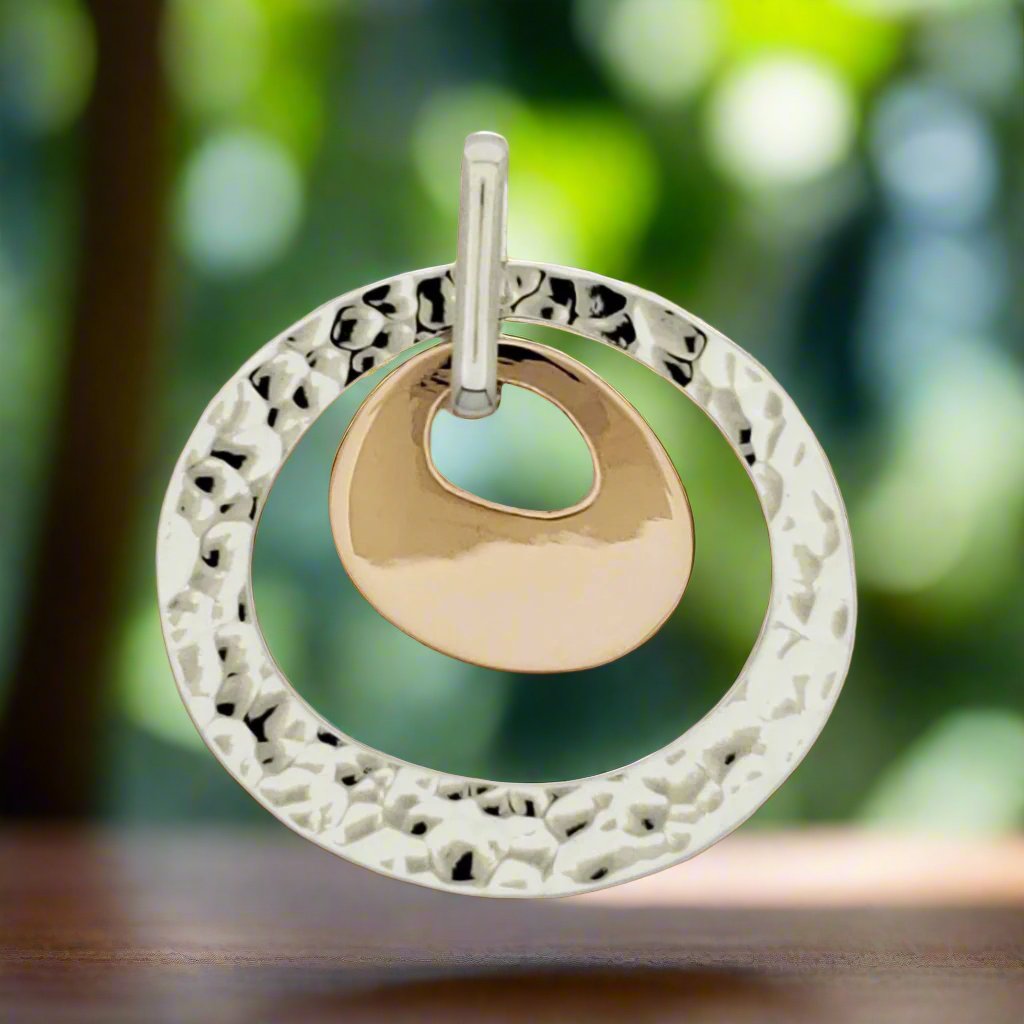 Sterling Silver Double Irregular Circle Pendant with Copper - Two-Tone Elegance