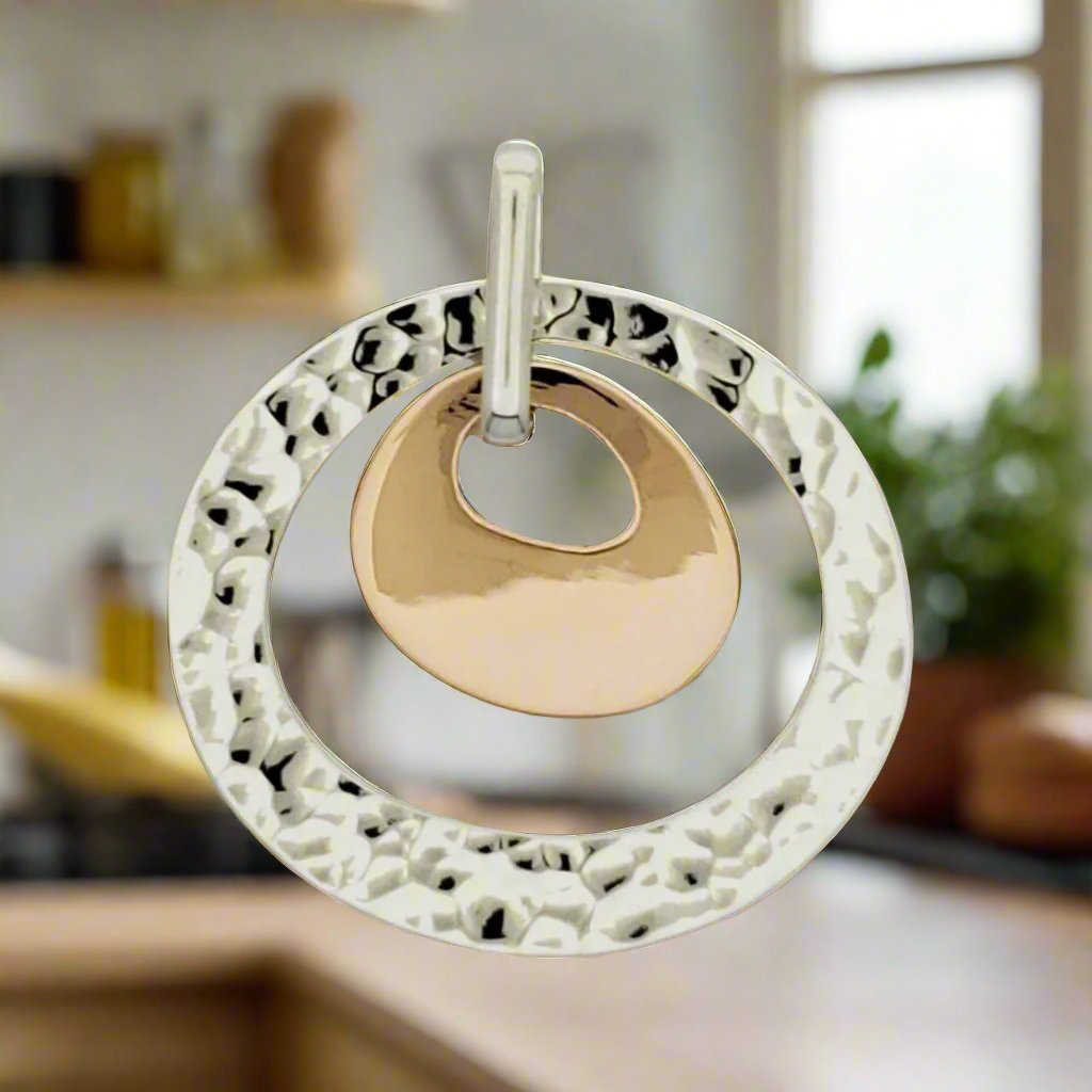 Sterling Silver Double Irregular Circle Pendant with Copper - Two-Tone Elegance