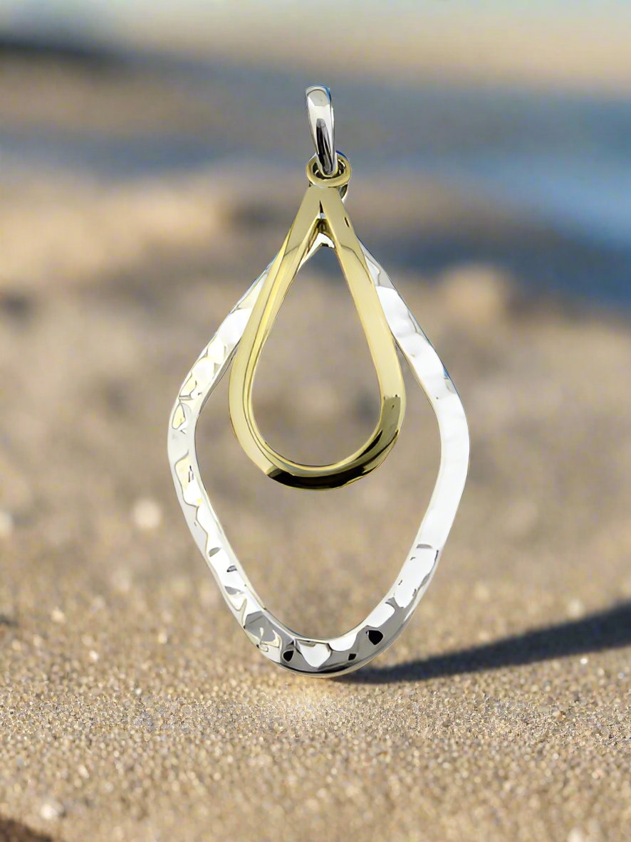 Two-Tone Sterling Silver Hammered Rhombus Pendant with Smooth Drop
