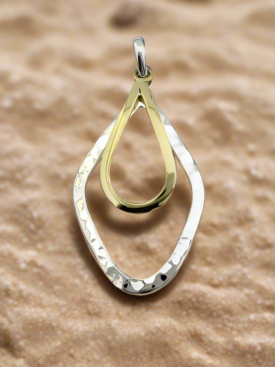 Two-Tone Sterling Silver Hammered Rhombus Pendant with Smooth Drop