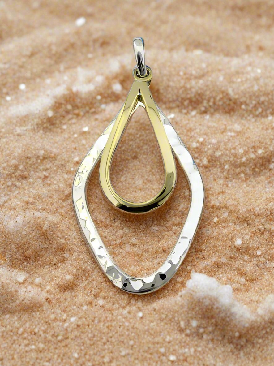 Two-Tone Sterling Silver Hammered Rhombus Pendant with Smooth Drop