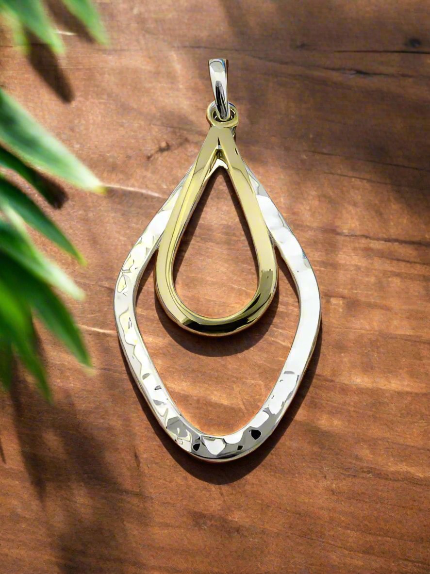 Two-Tone Sterling Silver Hammered Rhombus Pendant with Smooth Drop