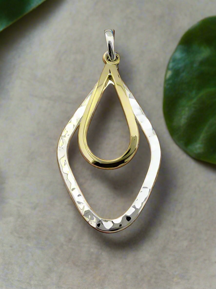 Two-Tone Sterling Silver Hammered Rhombus Pendant with Smooth Drop
