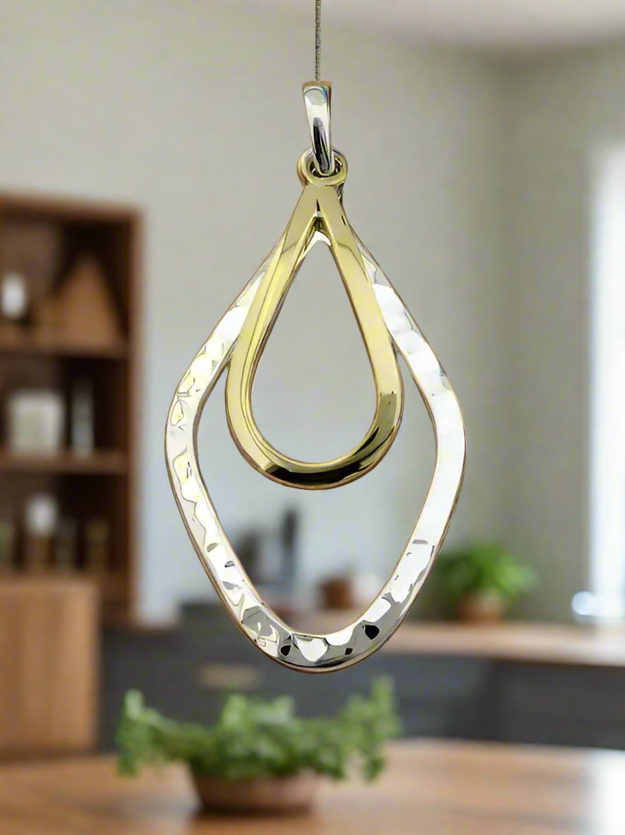 Two-Tone Sterling Silver Hammered Rhombus Pendant with Smooth Drop