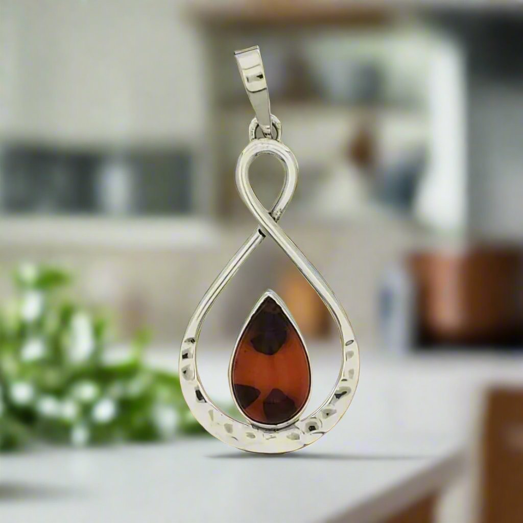 Sterling Silver Double Drop Pendant with Amber Stone