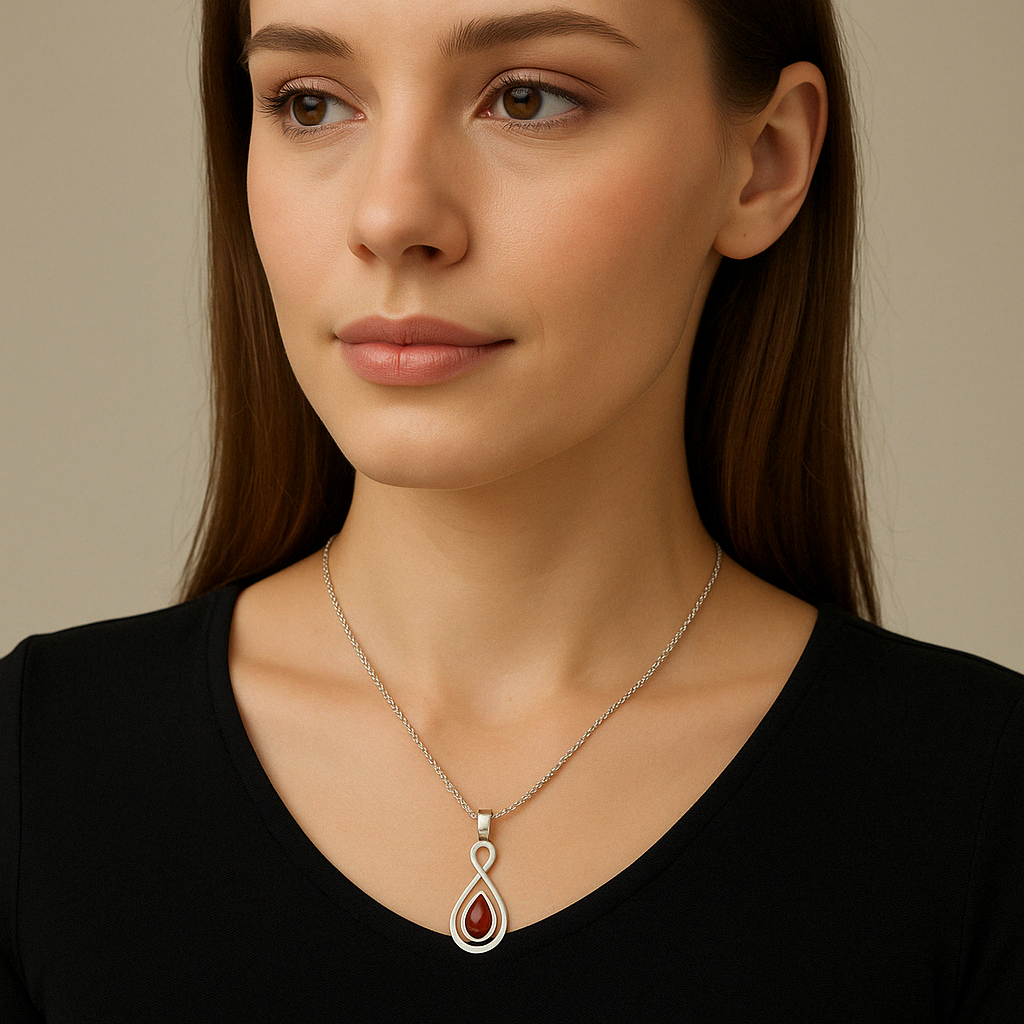 Sterling Silver Double Drop Pendant with Amber Stone