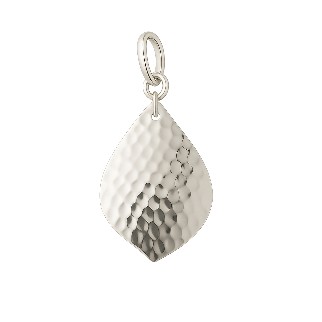 Large Hammered Wide Leaf Sterling Silver Pendant