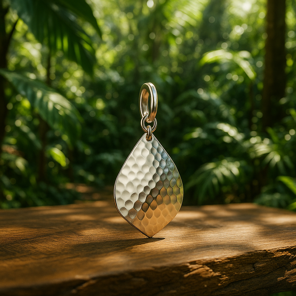 Large Hammered Wide Leaf Sterling Silver Pendant