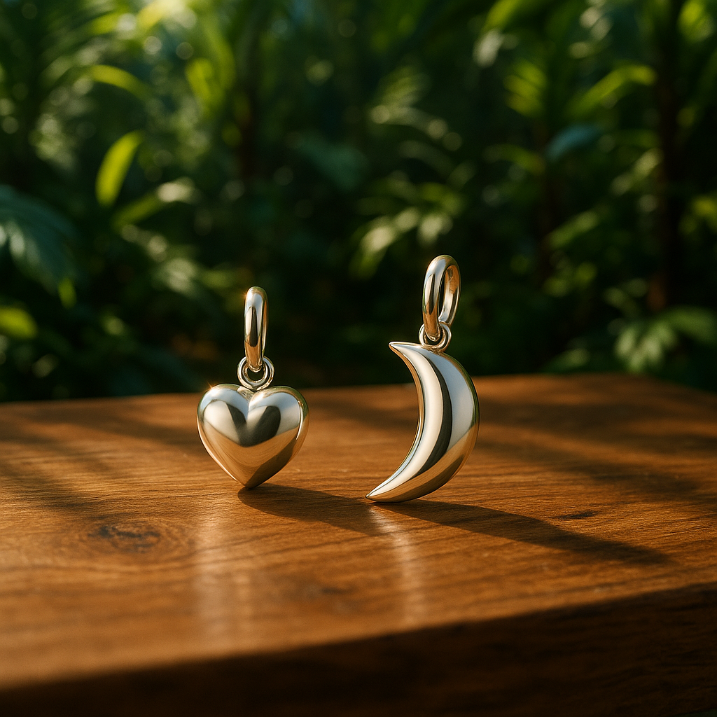 Sterling Silver Smooth Heart Moon Pendant Set