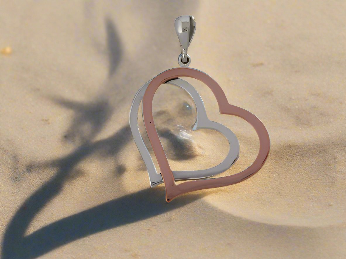 Sterling Silver Double Heart Pendant with Copper - Two-Tone Design