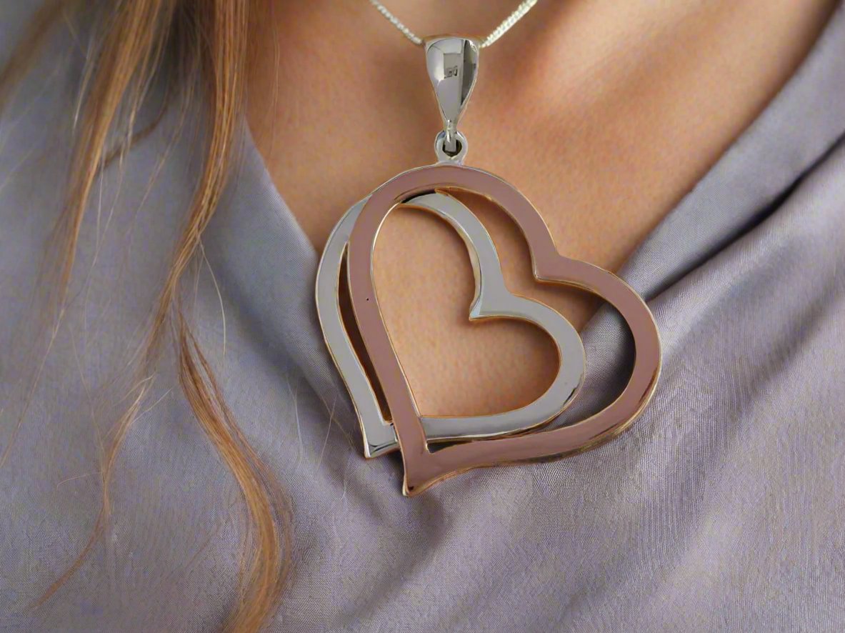 Sterling Silver Double Heart Pendant with Copper - Two-Tone Design