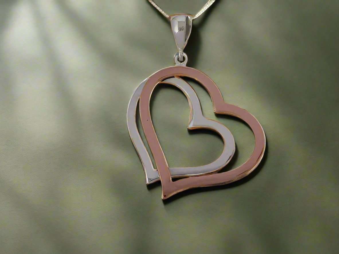 Sterling Silver Double Heart Pendant with Copper - Two-Tone Design