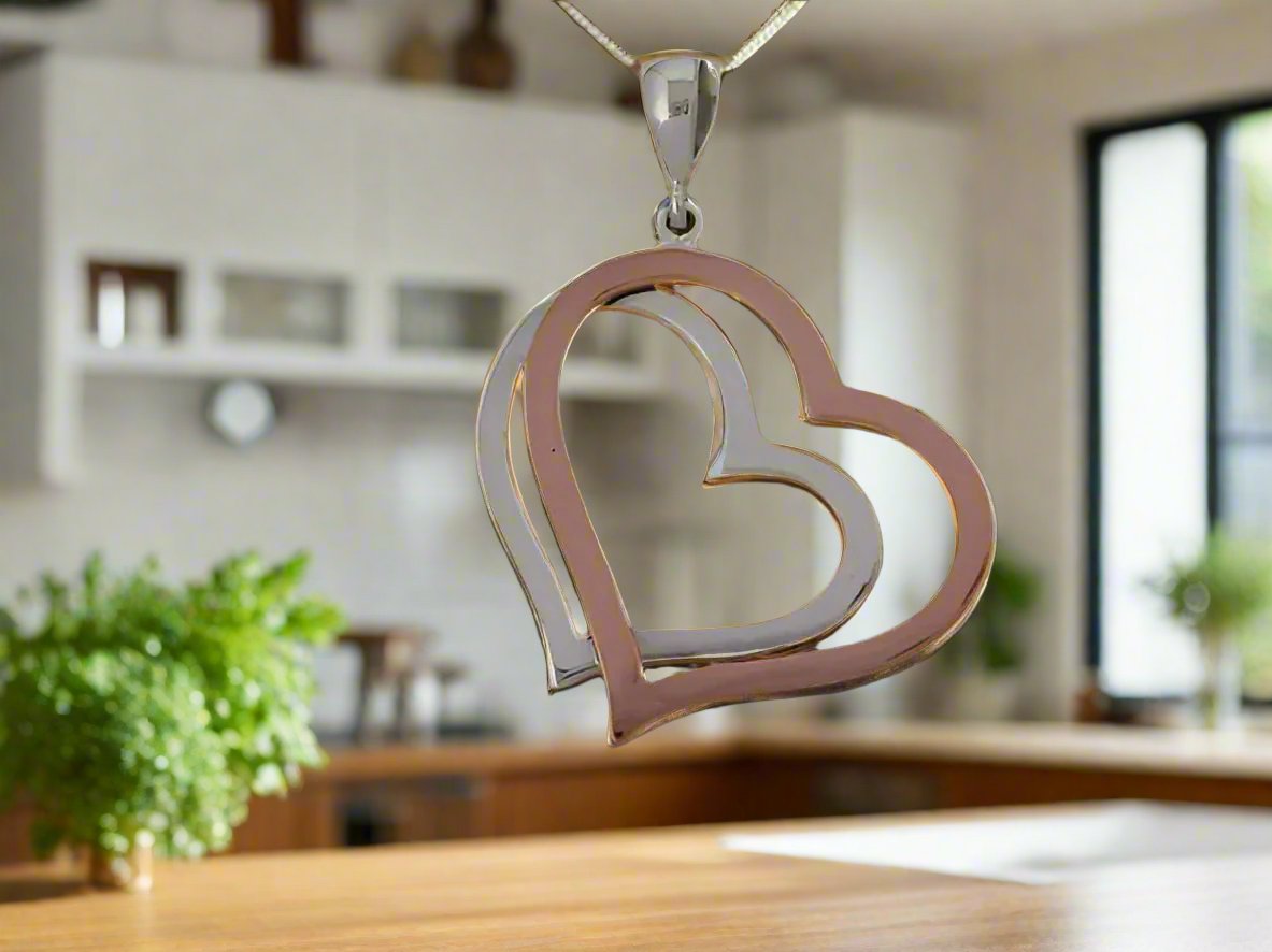 Sterling Silver Double Heart Pendant with Copper - Two-Tone Design