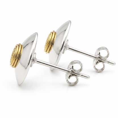 Sterling Silver Round Hammered Earrings with Spiral Tumbaga – Two-Tone Elegance