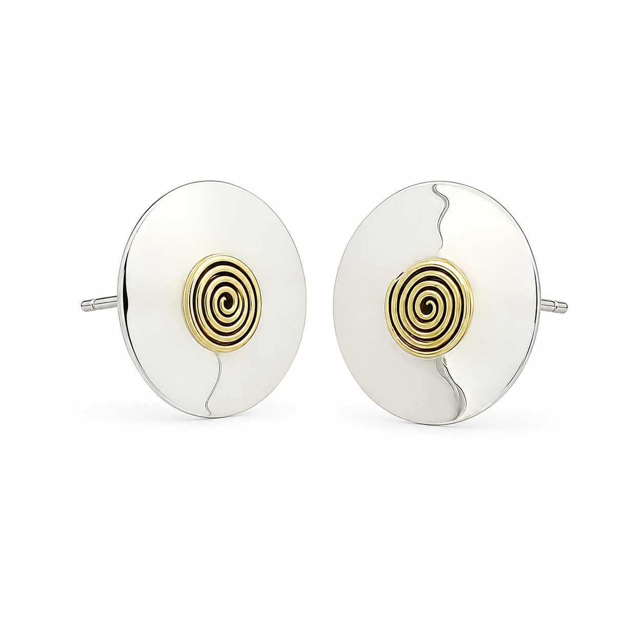 Sterling Silver Round Hammered Earrings with Spiral Tumbaga – Two-Tone Elegance