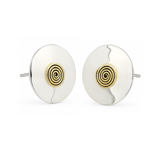 Sterling Silver Round Hammered Earrings with Spiral Tumbaga – Two-Tone Elegance
