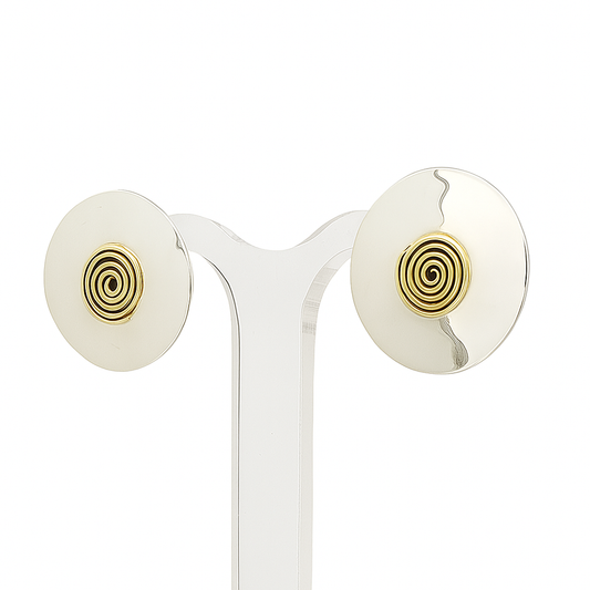 Sterling Silver Round Hammered Earrings with Spiral Tumbaga – Two-Tone Elegance