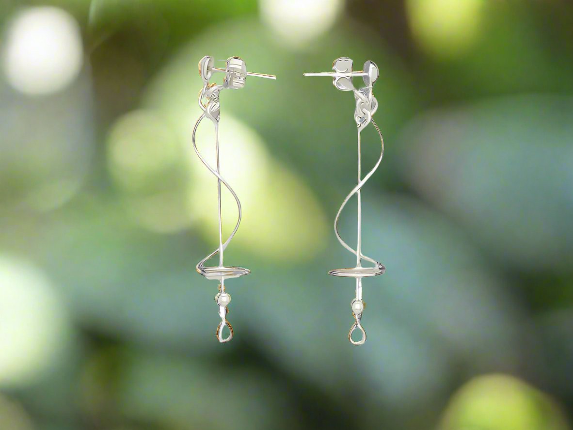 Sterling Silver Stick Earrings with Spring & Half Cap