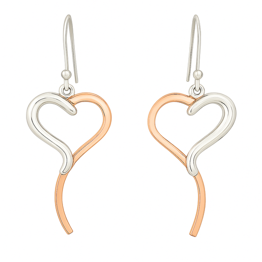 Sterling Silver & Copper Tie Heart Earrings – Two-Tone Elegance