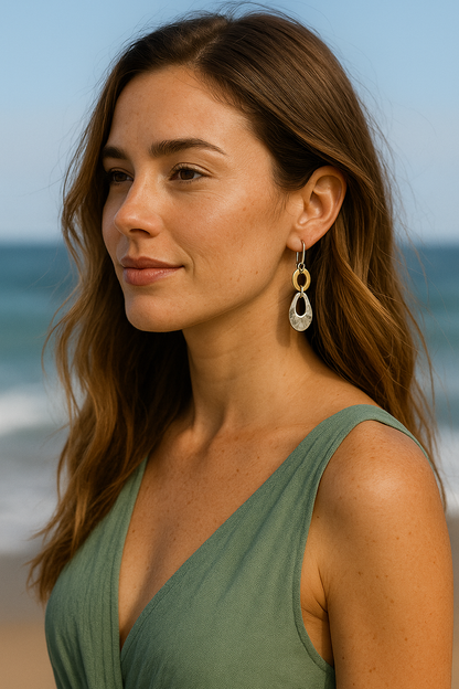 Sterling Silver Shine/Hammered Unequal Figure Earrings with Ring – Two-Tone