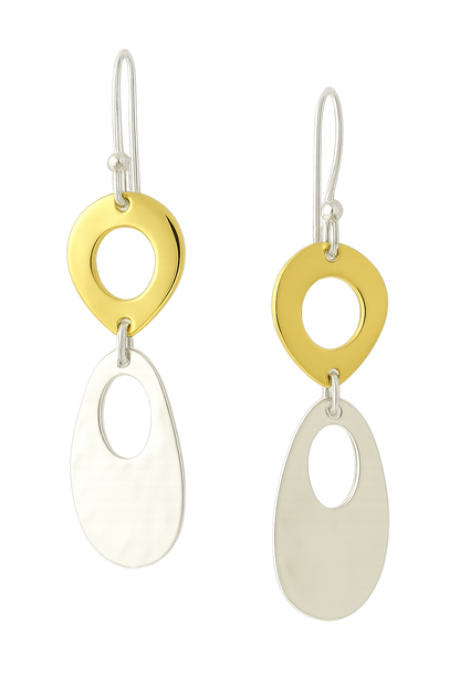 Sterling Silver Shine/Hammered Unequal Figure Earrings with Ring – Two-Tone