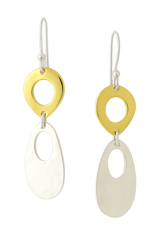 Sterling Silver Shine/Hammered Unequal Figure Earrings with Ring – Two-Tone