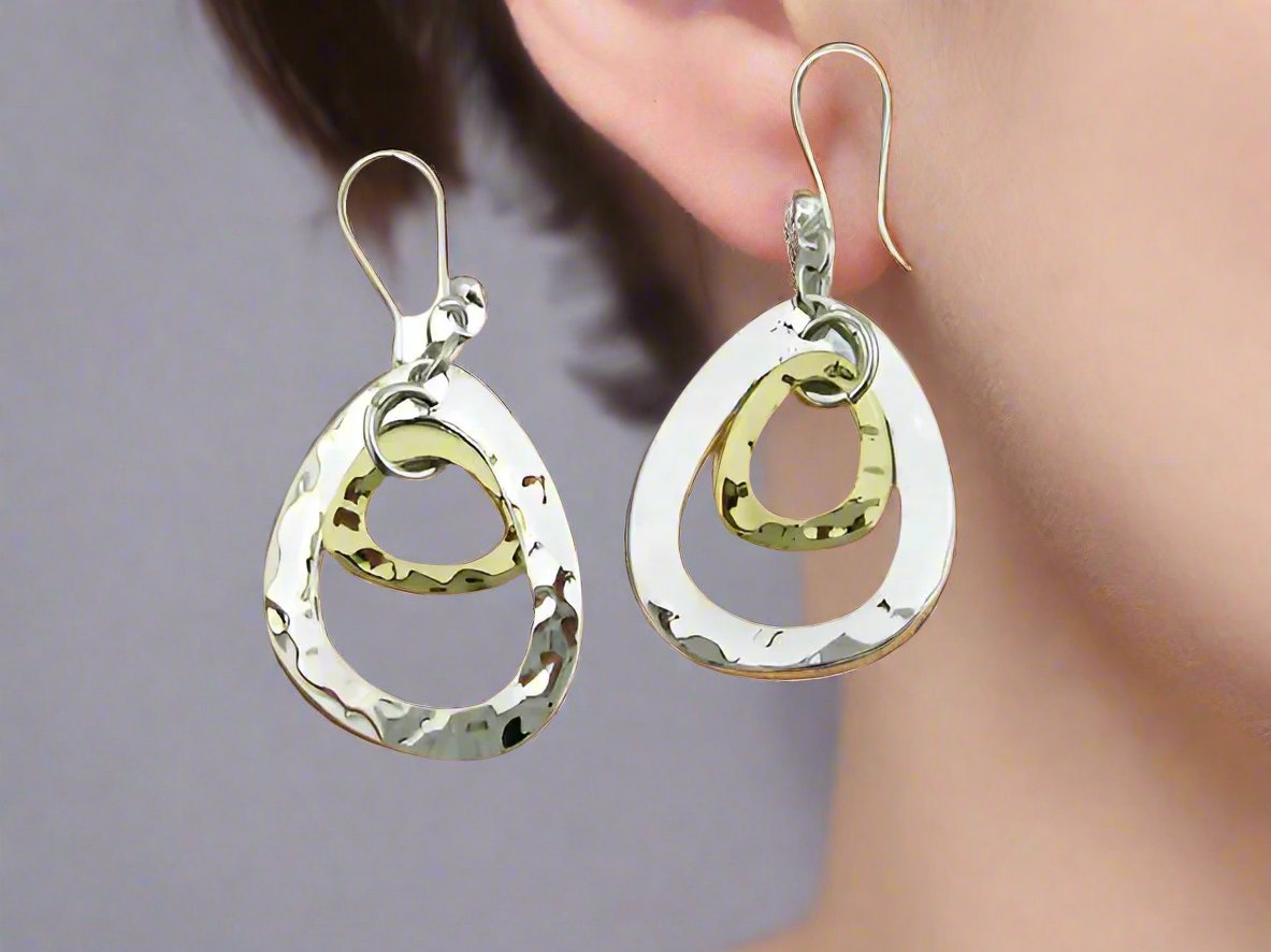 Sterling Silver Deformed Triangle Earrings with Tumbaga - Two-Tone Design