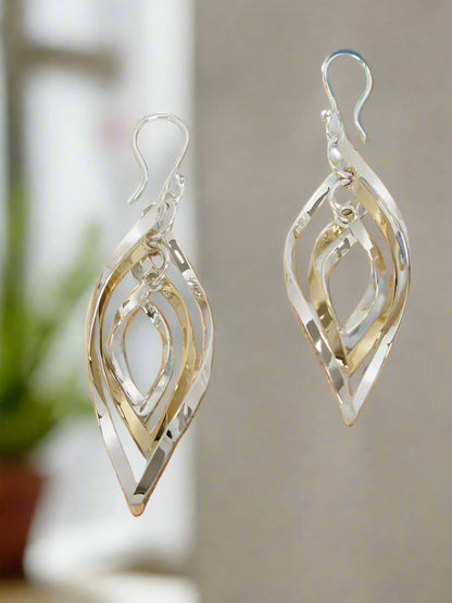 Sterling Silver Triple Movable Almond Earrings with Tumbaga - Two-Tone Design