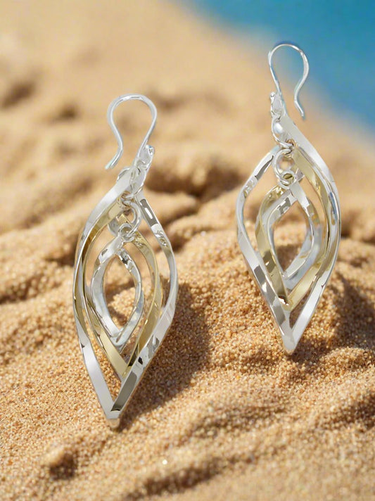 Sterling Silver Triple Movable Almond Earrings with Tumbaga - Two-Tone Design