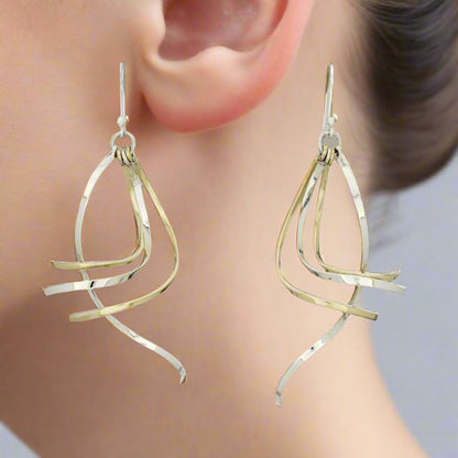 Sterling Silver Earrings with Four Movable Bent Sticks and Tumbaga