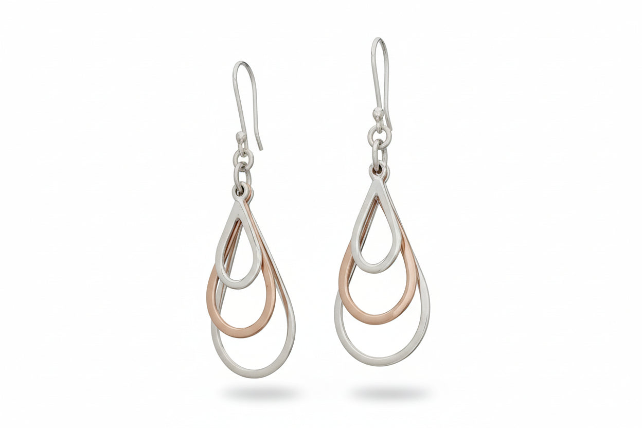 Sterling Silver Triple Uneven Drop Earrings with Copper Ring