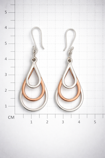Sterling Silver Triple Uneven Drop Earrings with Copper Ring