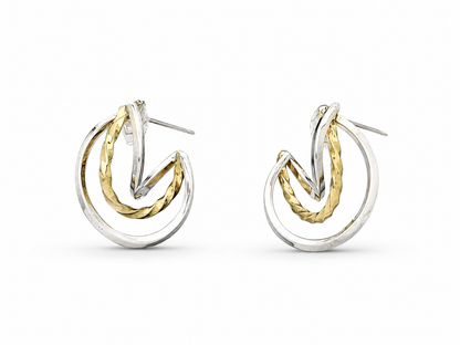Sterling Silver and Tumbaga Three Strand Smooth Twisted Hoop Earrings