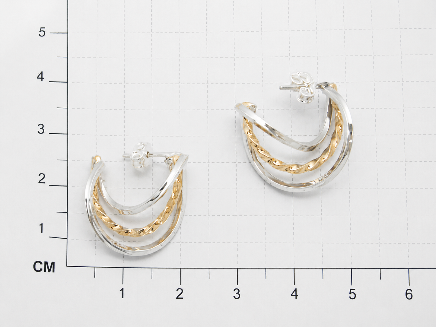 Sterling Silver and Tumbaga Three Strand Smooth Twisted Hoop Earrings